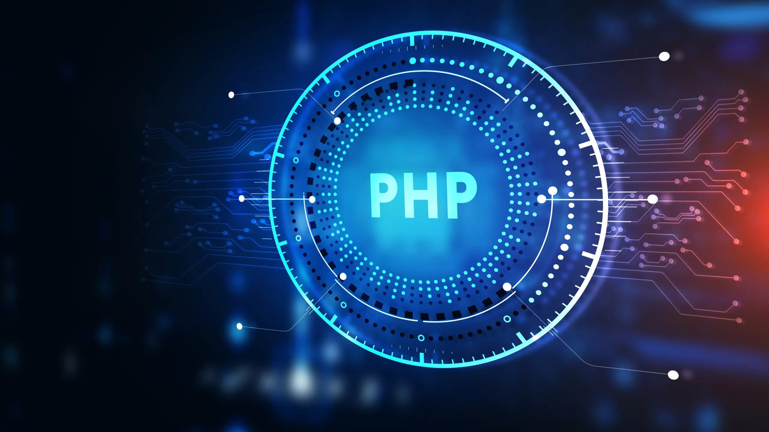 Logo PHP au centre d'un cercle lumineux bleu relié à des circuits électroniques