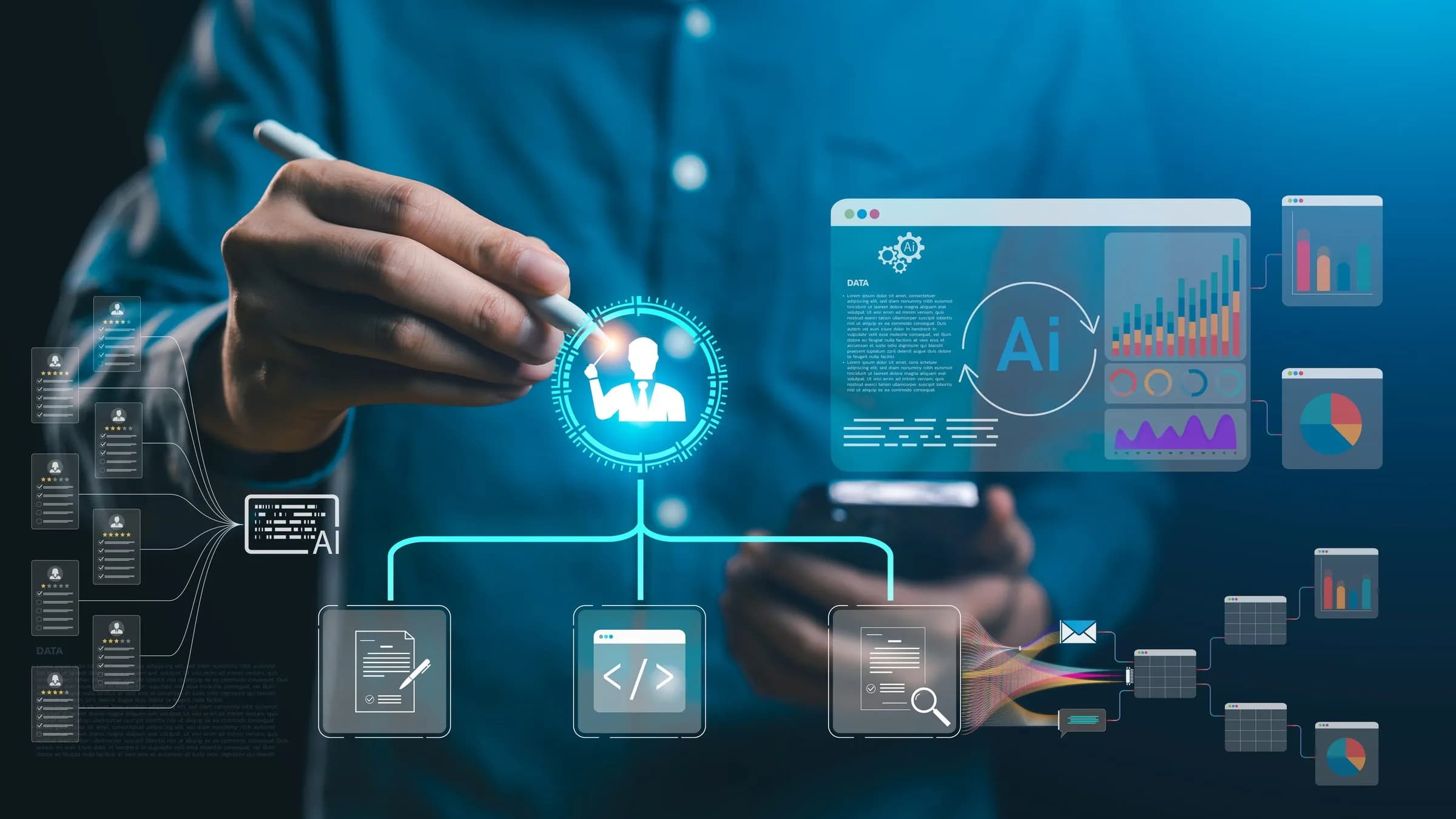 Main dirigeant un flux d'orchestration de plusieurs agents IA sur une interface holographique bleue