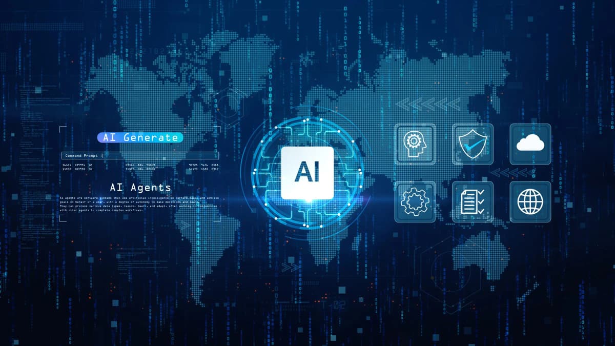 Interface d'agents IA sur fond de carte du monde numérique, avec icônes d'automatisation, de cloud et de sécurité
