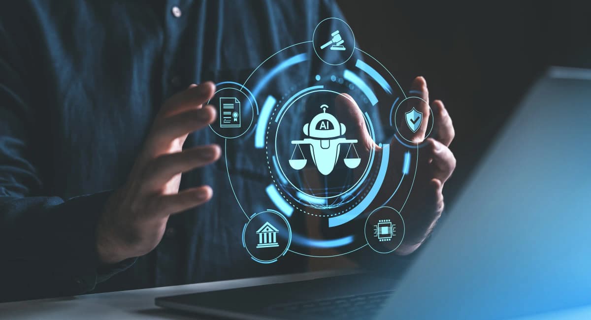 Mains entourant un hologramme IA avec balance de la justice, symbole du cadre légal de l'intelligence artificielle